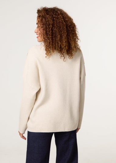 Blue Vanilla Beige Button Shoulder Jumper