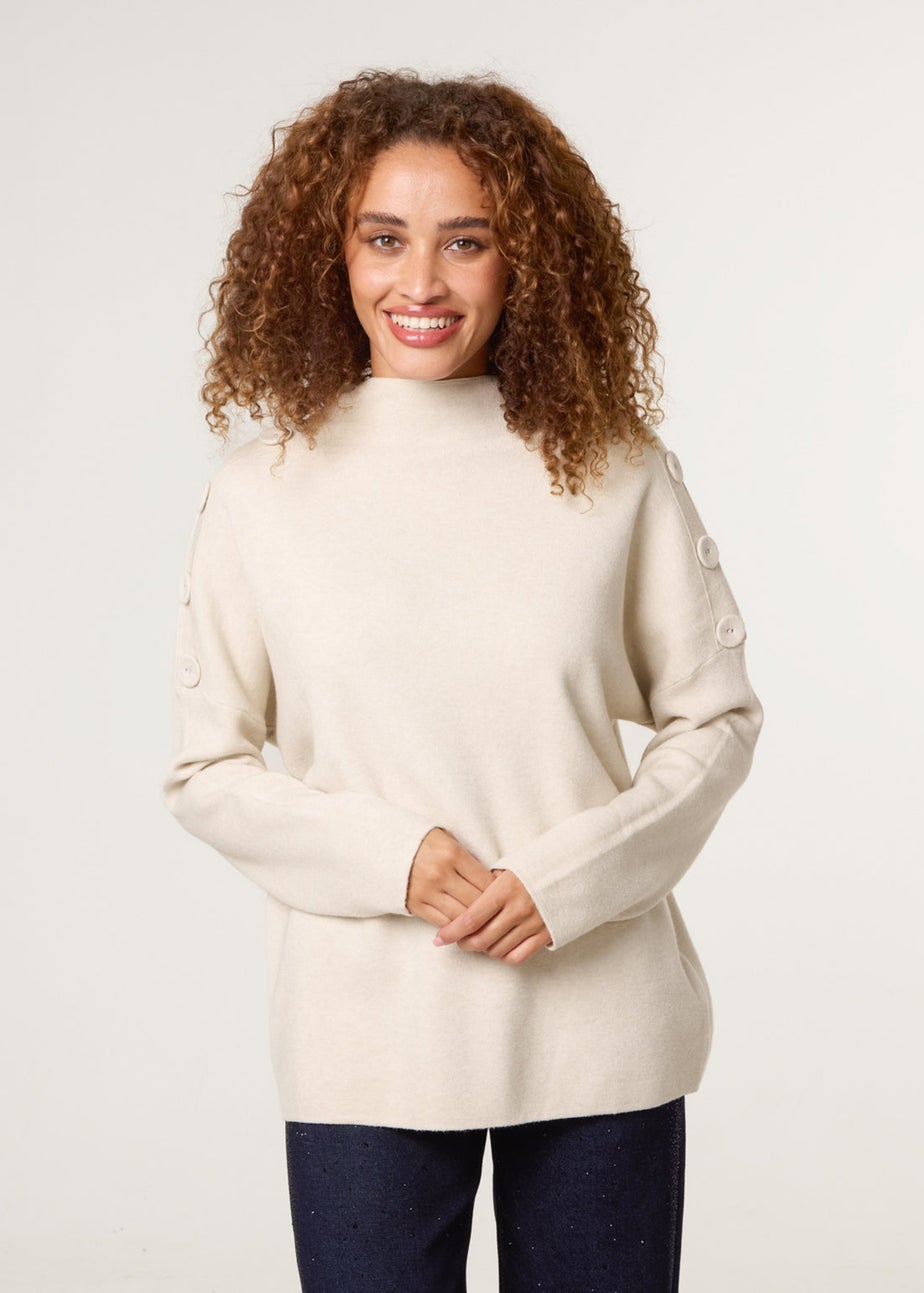 Blue Vanilla Beige Button Shoulder Jumper