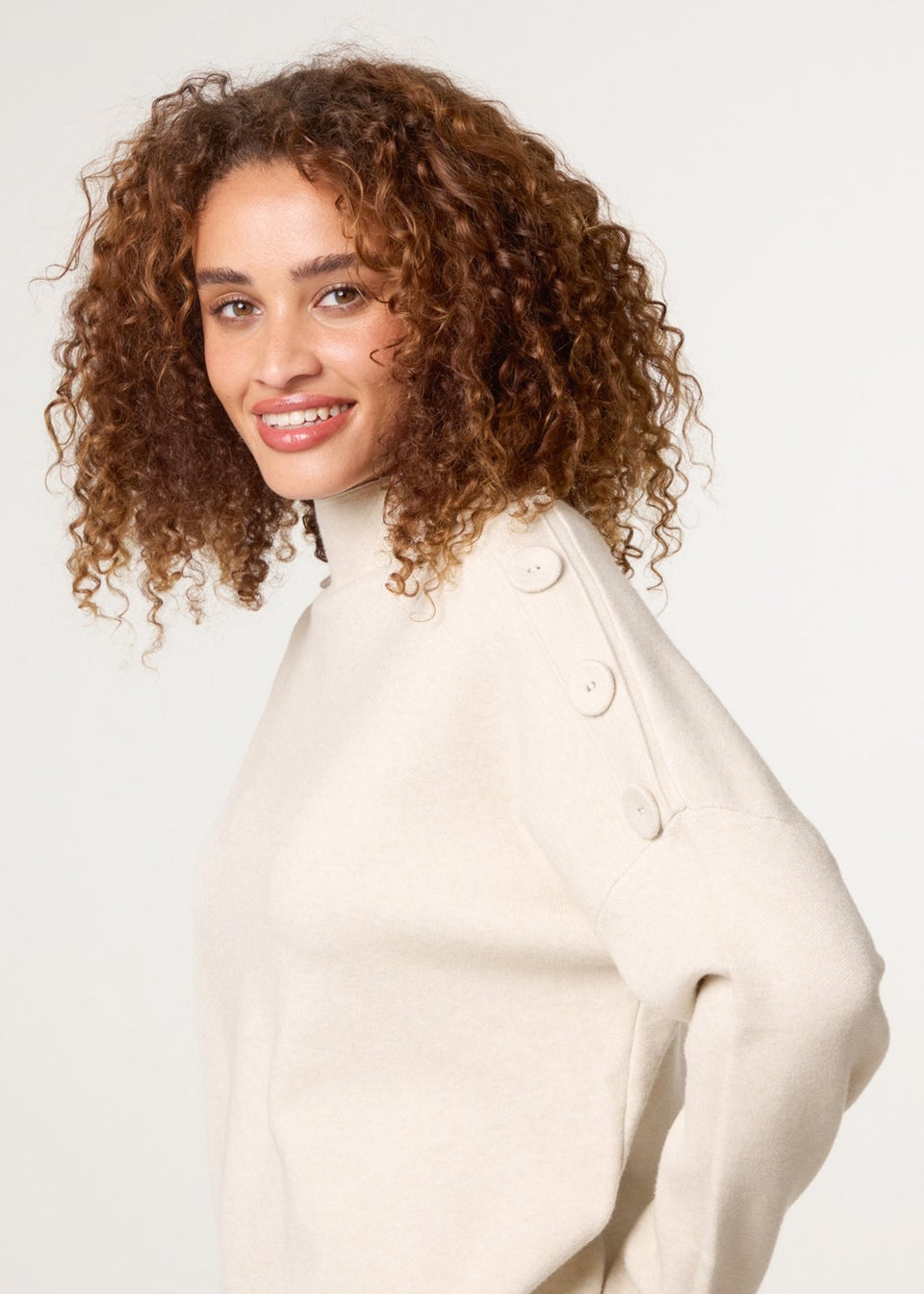 Blue Vanilla Beige Button Shoulder Jumper