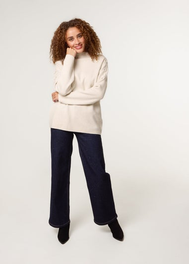Blue Vanilla Beige Button Shoulder Jumper