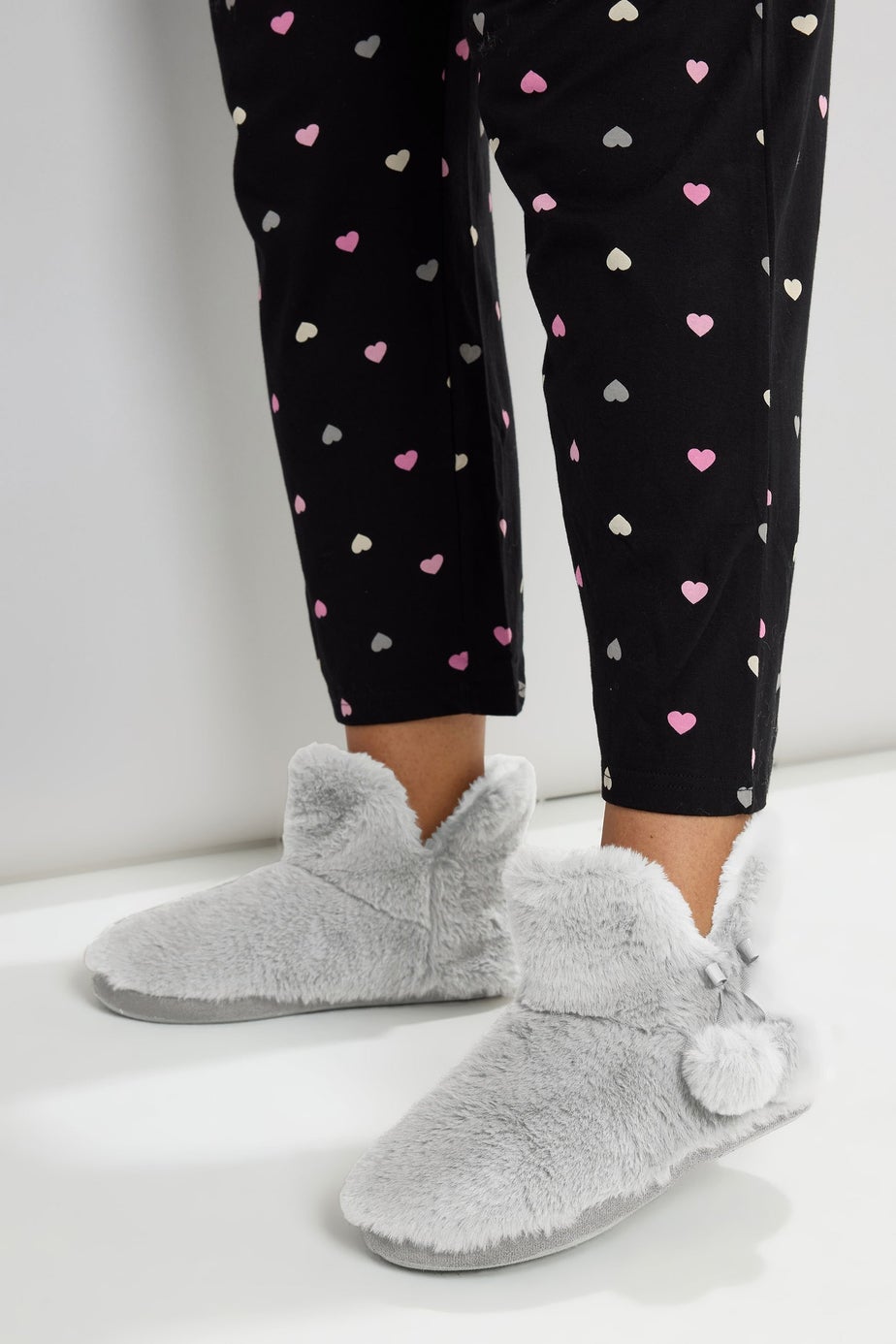 Yours Grey Pom Pom Faux Fur Boot Slippers