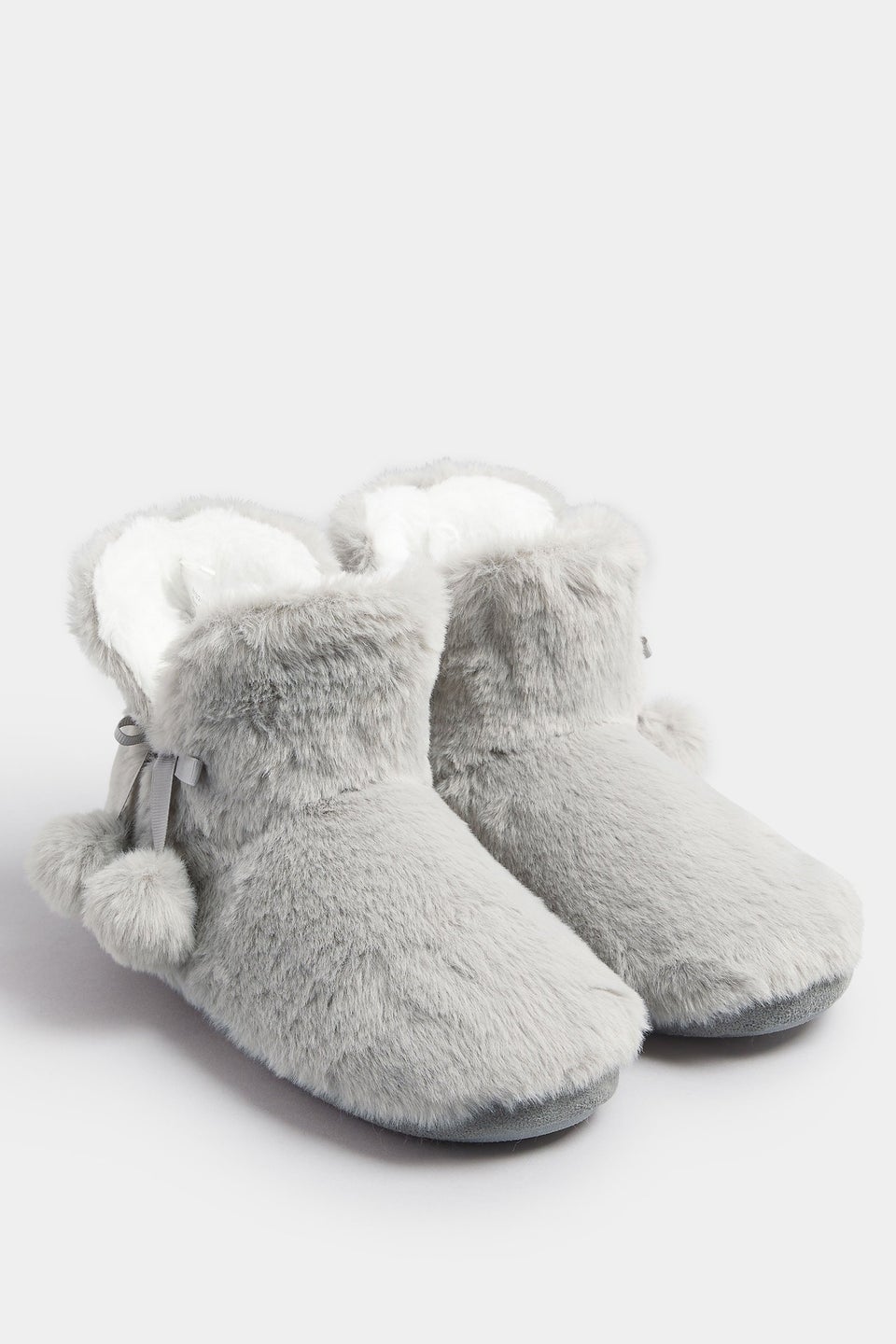 Yours Grey Pom Pom Faux Fur Boot Slippers