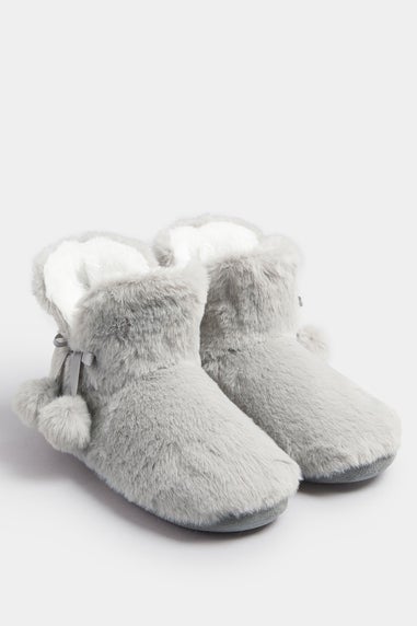 Yours Grey Pom Pom Faux Fur Boot Slippers