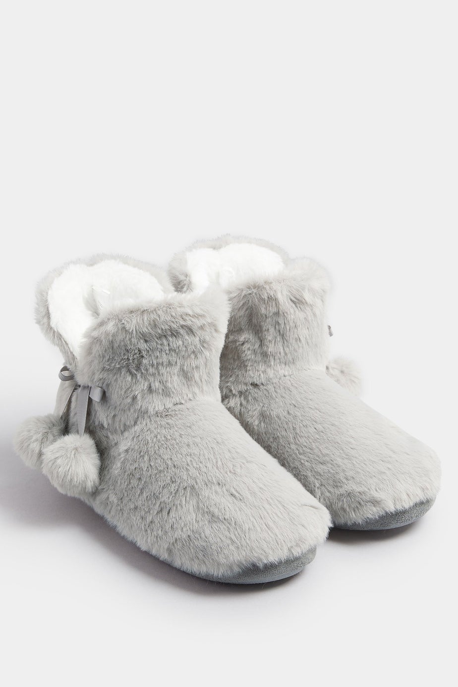 Yours Grey Pom Pom Faux Fur Boot Slippers
