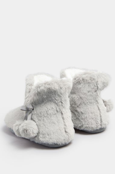 Yours Grey Pom Pom Faux Fur Boot Slippers