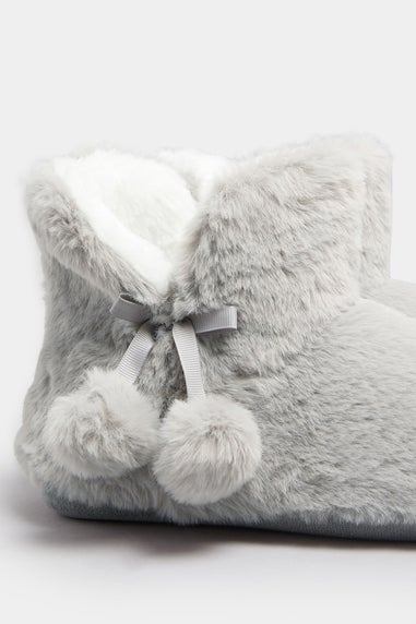 Yours Grey Pom Pom Faux Fur Boot Slippers