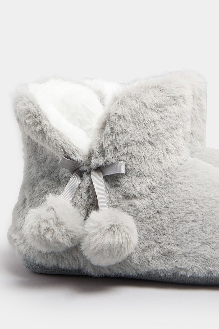 Yours Grey Pom Pom Faux Fur Boot Slippers