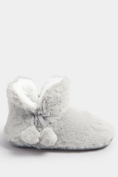 Yours Grey Pom Pom Faux Fur Boot Slippers