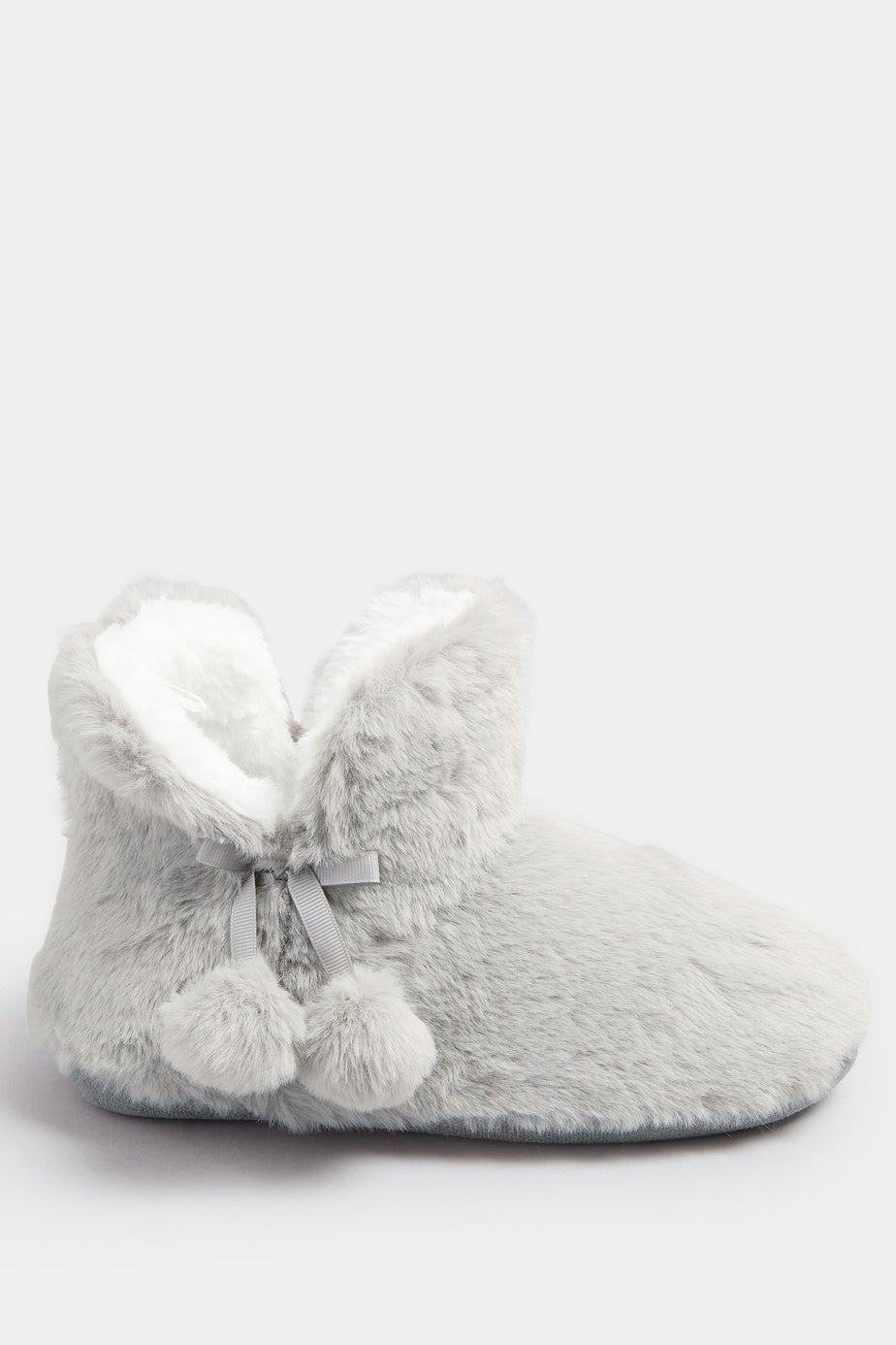 Yours Grey Pom Pom Faux Fur Boot Slippers