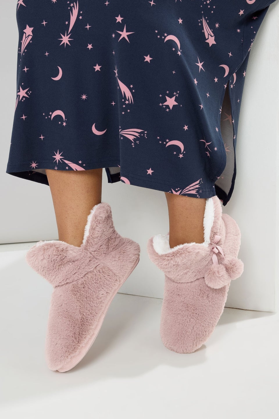 Yours Pink Pom Pom Faux Fur Boot Slippers