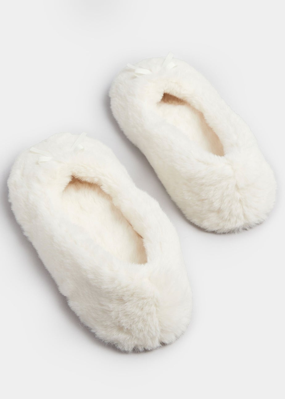 Yours Cream Plush Bow Front Ballet Slippers