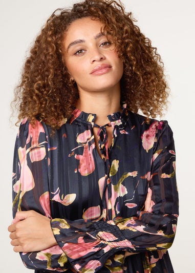 Blue Vanilla Black Tie Neck Floral Chiffon Smock Dress