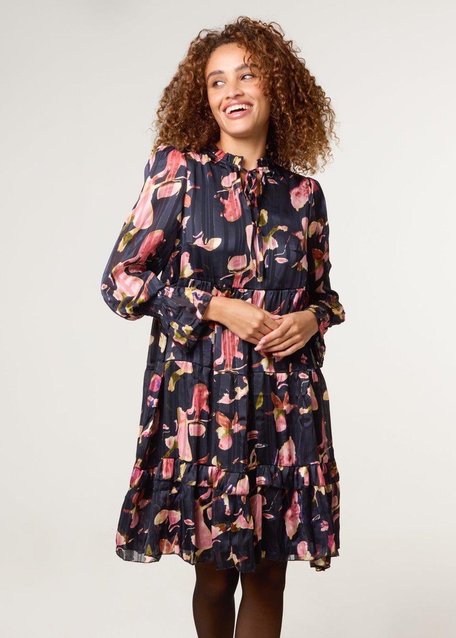 Blue Vanilla Black Tie Neck Floral Chiffon Smock Dress