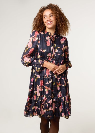 Blue Vanilla Black Tie Neck Floral Chiffon Smock Dress