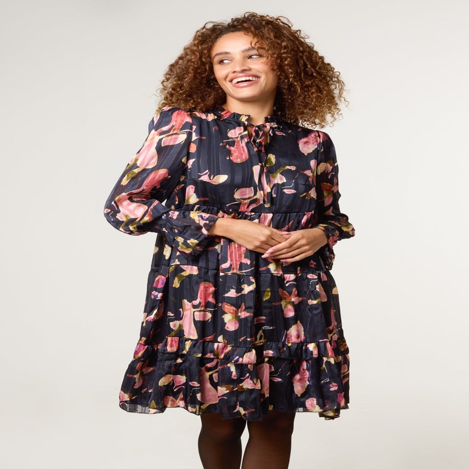 Blue Vanilla Black Tie Neck Floral Chiffon Smock Dress