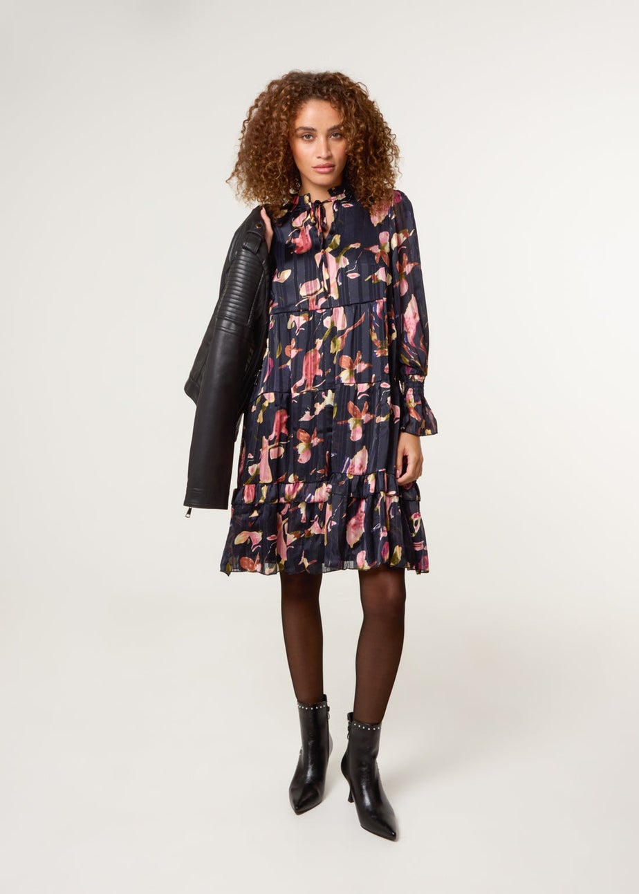 Blue Vanilla Black Tie Neck Floral Chiffon Smock Dress