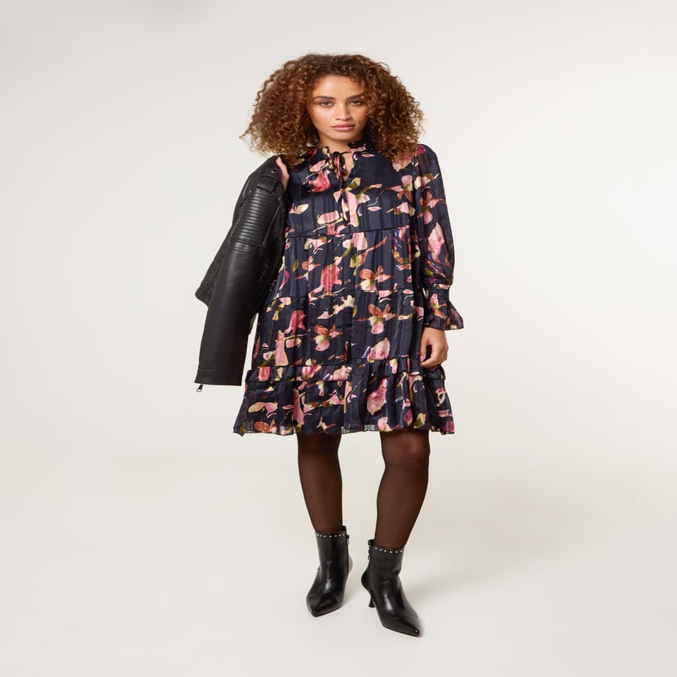 Blue Vanilla Black Tie Neck Floral Chiffon Smock Dress