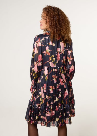 Blue Vanilla Black Tie Neck Floral Chiffon Smock Dress