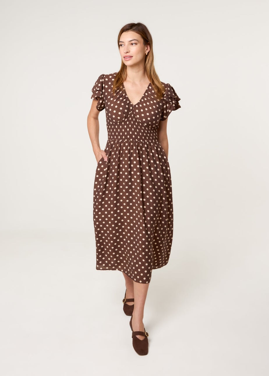 Blue Vanilla Brown Polka Dot Double Frill Shirred Midi Dress