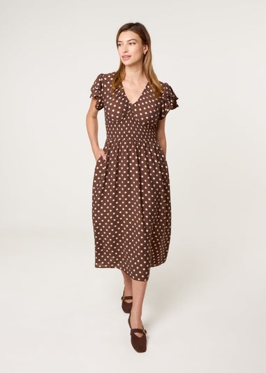 Blue Vanilla Brown Polka Dot Double Frill Shirred Midi Dress