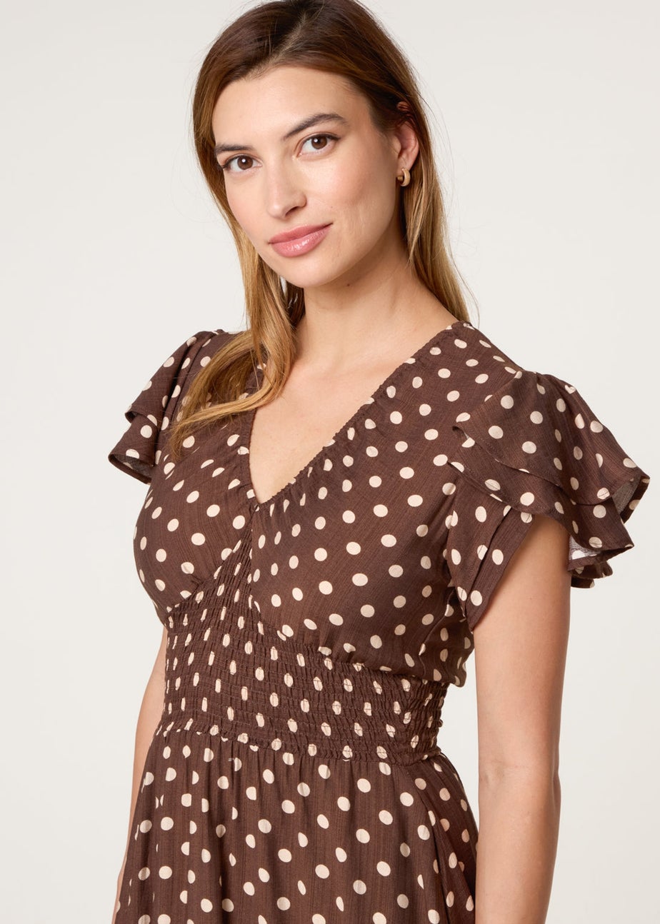 Blue Vanilla Brown Polka Dot Double Frill Shirred Midi Dress