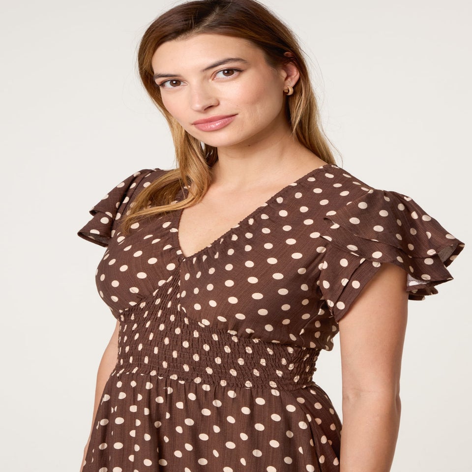 Blue Vanilla Brown Polka Dot Double Frill Shirred Midi Dress
