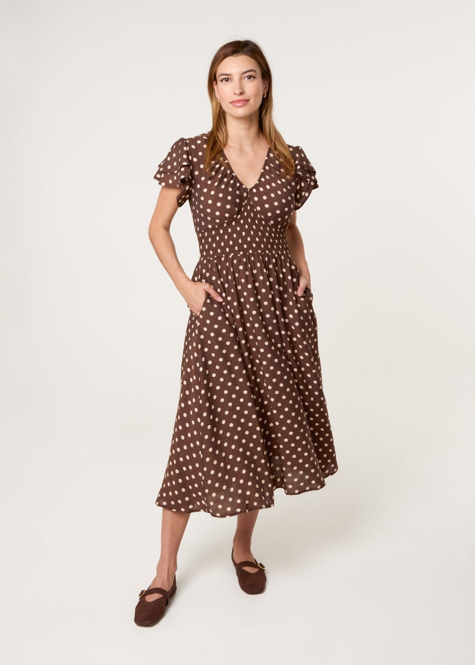 Blue Vanilla Brown Polka Dot Double Frill Shirred Midi Dress