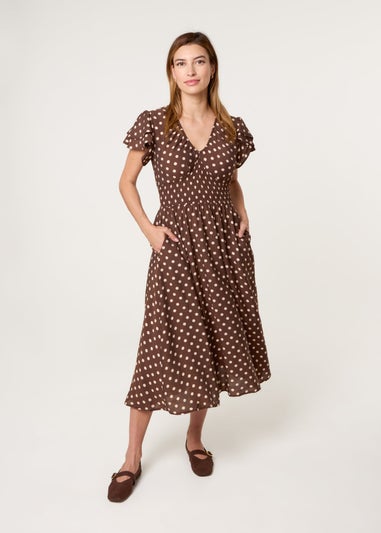 Blue Vanilla Brown Polka Dot Double Frill Shirred Midi Dress