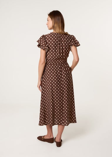 Blue Vanilla Brown Polka Dot Double Frill Shirred Midi Dress
