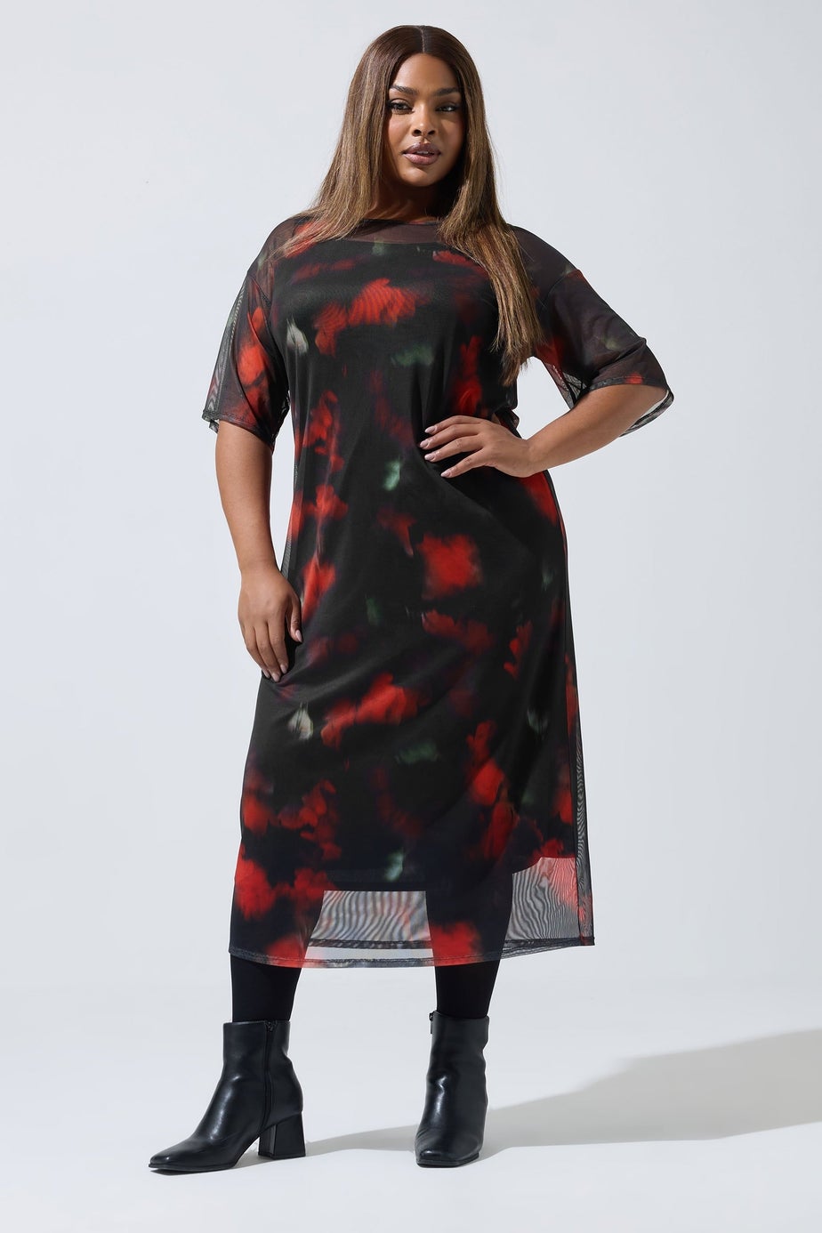 Yours Curve Black Blurred Floral Mesh Midaxi Dress