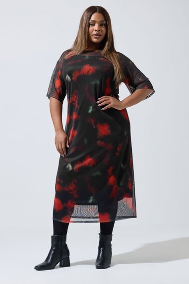 Yours Curve Black Blurred Floral Mesh Midaxi Dress