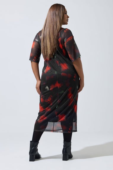 Yours Curve Black Blurred Floral Mesh Midaxi Dress