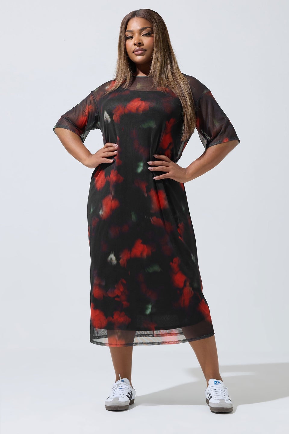 Yours Curve Black Blurred Floral Mesh Midaxi Dress
