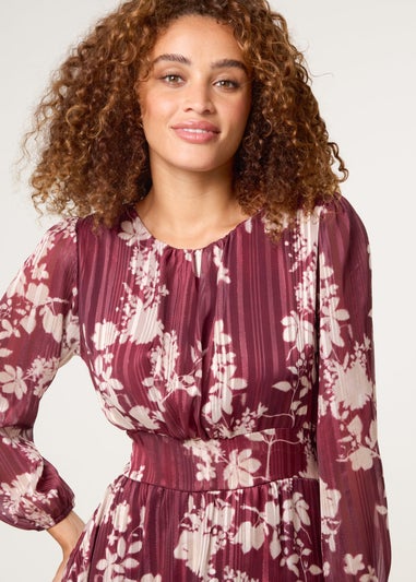 Blue Vanilla Burgundy Scoop Neck Floral Metallic Dress With Elasticated Waist