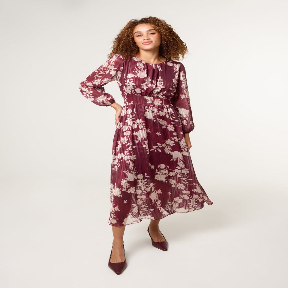 Blue Vanilla Burgundy Scoop Neck Floral Metallic Dress With Elasticated Waist
