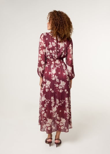 Blue Vanilla Burgundy Scoop Neck Floral Metallic Dress With Elasticated Waist