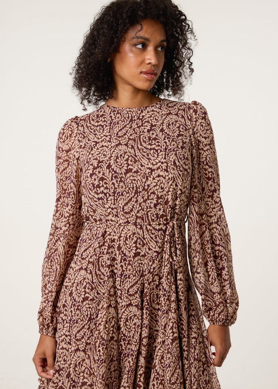 Blue Vanilla Brown Godet Dress With Self Tie