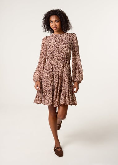 Blue Vanilla Brown Godet Dress With Self Tie