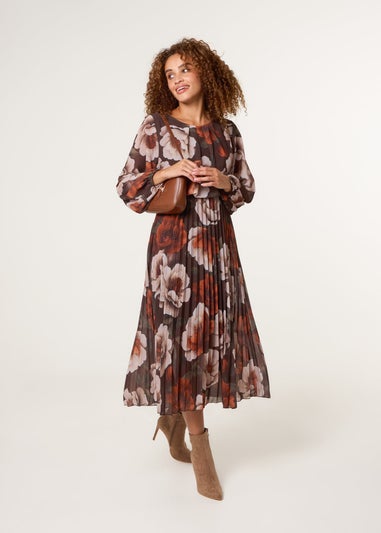 Blue Vanilla Brown Large Watercolour Floral Scoop Neck Puffball Pleated Dress