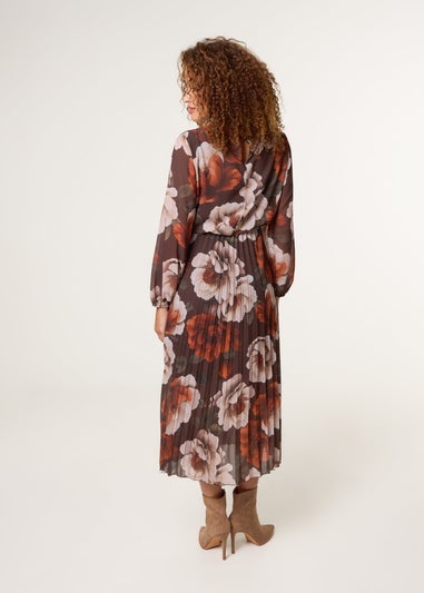 Blue Vanilla Brown Large Watercolour Floral Scoop Neck Puffball Pleated Dress