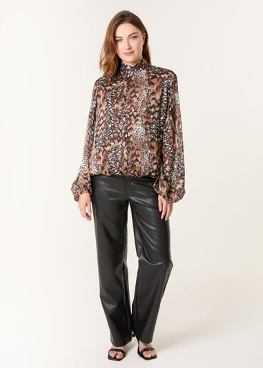Blue Vanilla Brown Multi Animal Print Bubble Hem High Neck Blouse