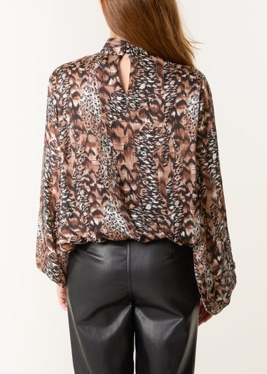 Blue Vanilla Brown Multi Animal Print Bubble Hem High Neck Blouse