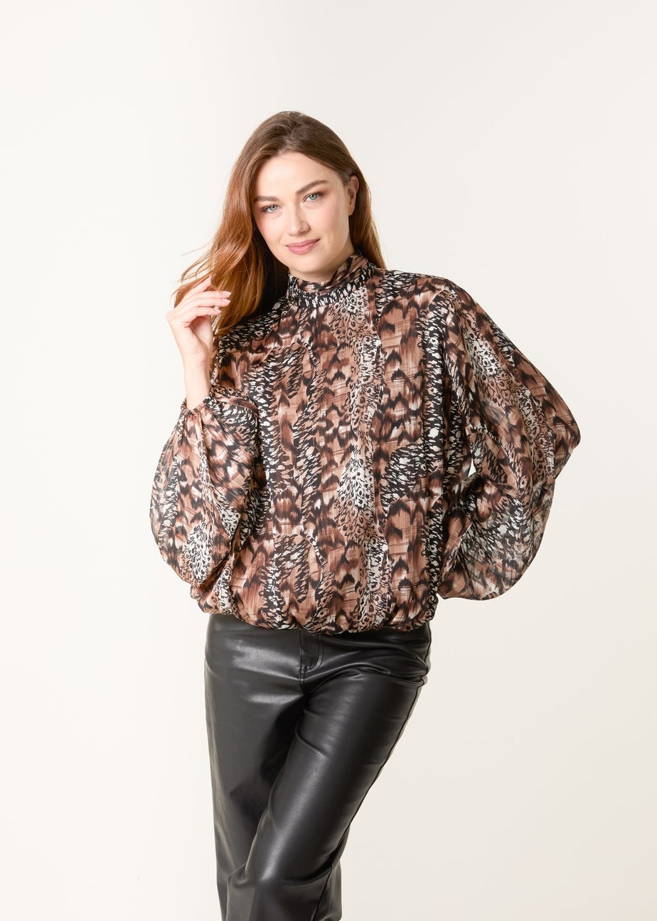 Blue Vanilla Brown Multi Animal Print Bubble Hem High Neck Blouse
