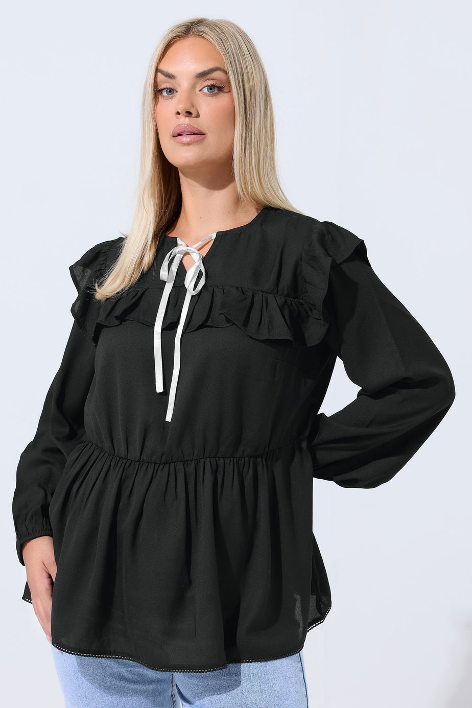 Yours Limited Curve Black Tie Neck Frill Blouse