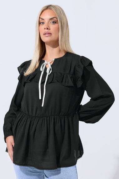 Yours Limited Curve Black Tie Neck Frill Blouse