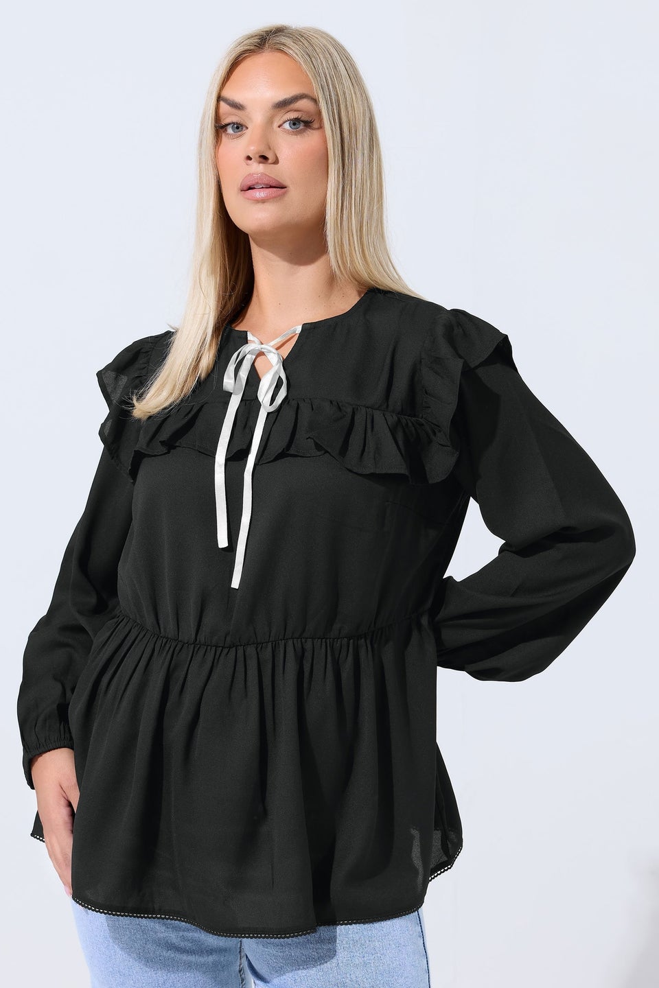 Yours Limited Curve Black Tie Neck Frill Blouse