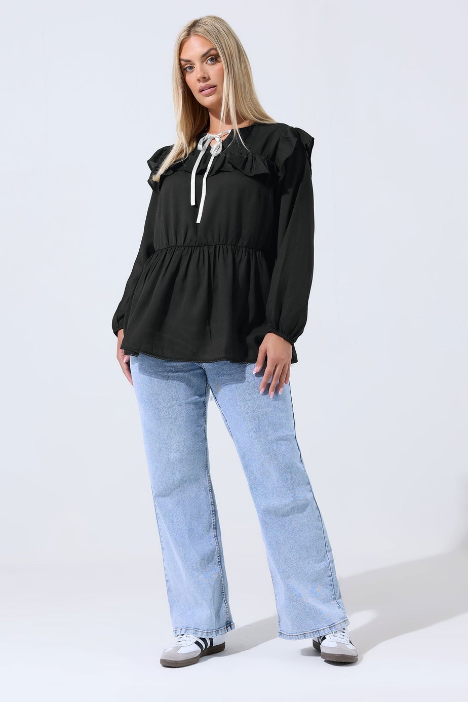 Yours Limited Curve Black Tie Neck Frill Blouse