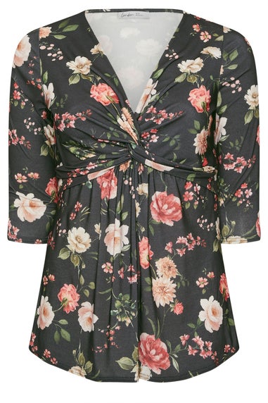 Yours London Curve Black Floral Knot Front Top