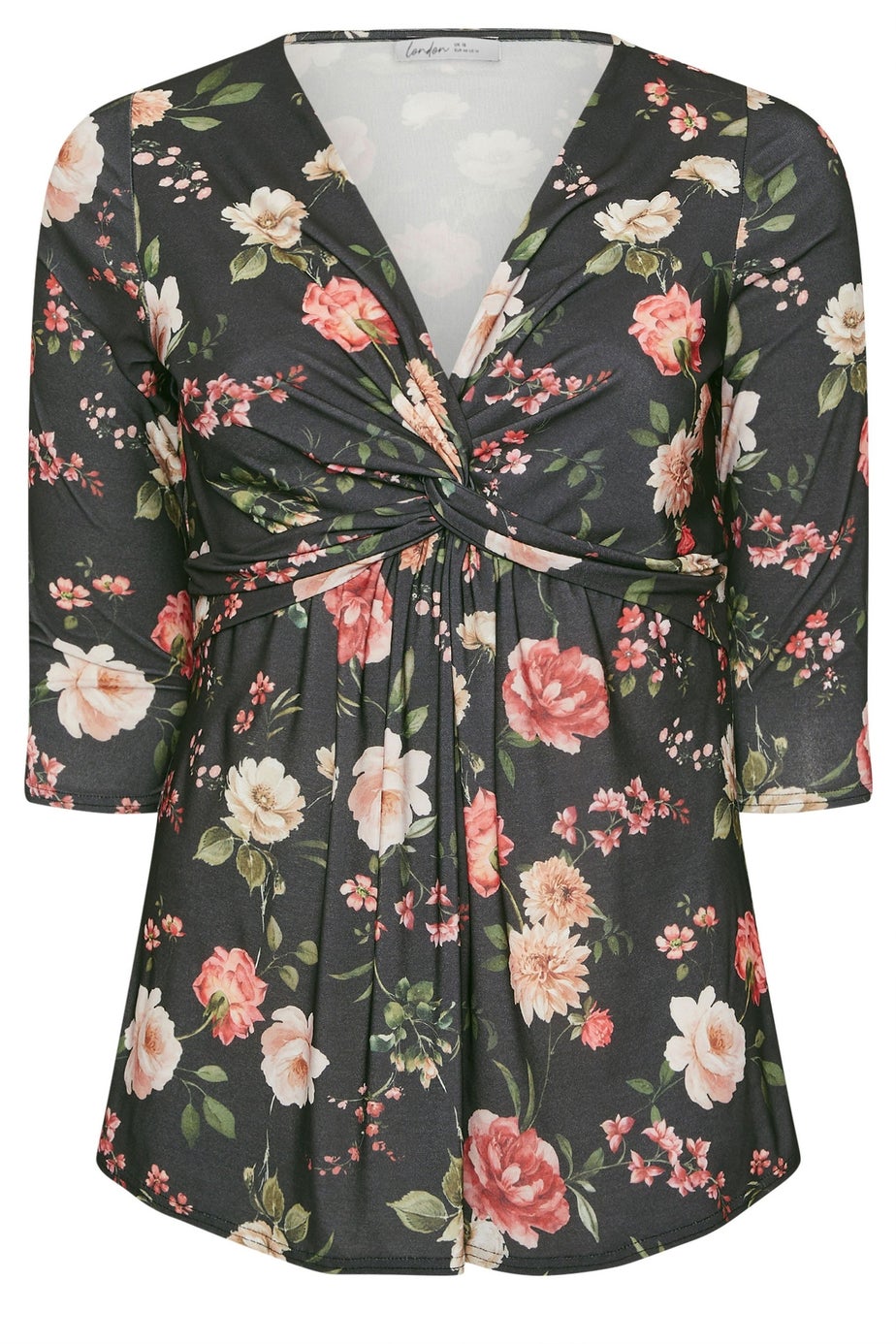 Yours London Curve Black Floral Knot Front Top