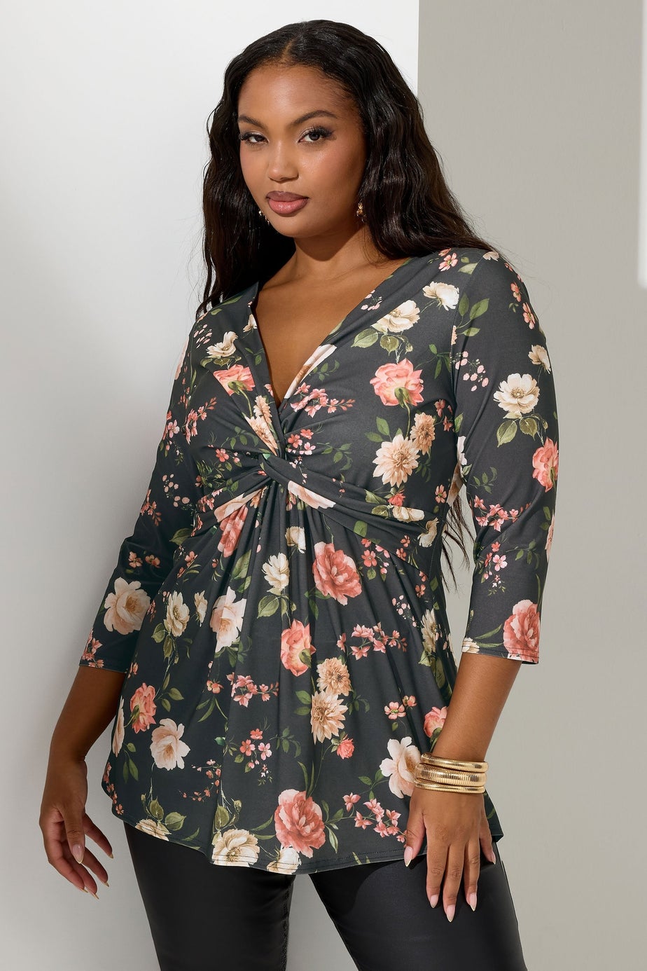 Yours London Curve Black Floral Knot Front Top